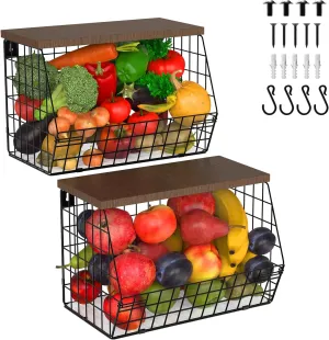 2pcs Fruit Basket Onion Storage Wire Baskets with Wood Lid, Multifunctional Stackable Wall-mounted & Countertop Tiered Kitchen Counter Organizer for Snack,Produce,Onion and Potato Storage Bins