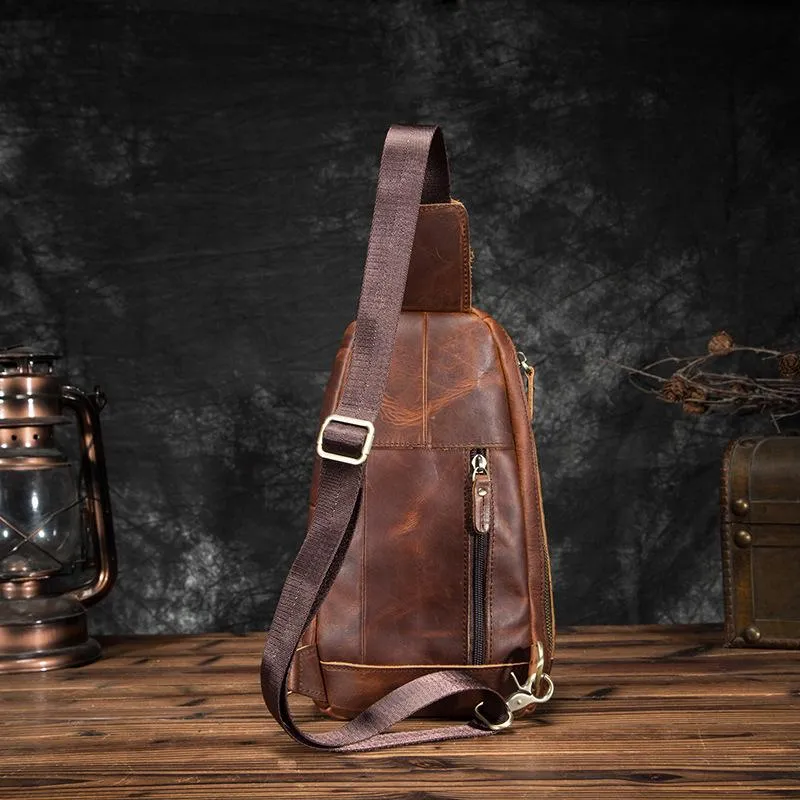 Badass Brown Leather Men's Sling Bag Chest Bag Vintage 8-inches One shoulder Backpack For Men