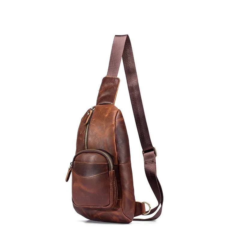 Badass Brown Leather Men's Sling Bag Chest Bag Vintage 8-inches One shoulder Backpack For Men