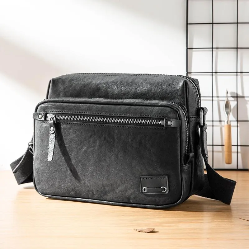 Black Cool Leather Mens 10 inches Courier Bag Postman Bag Black Messenger Bags Side Bag for Men