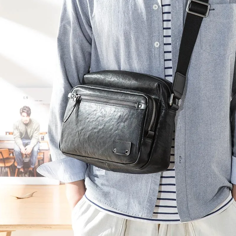 Black Cool Leather Mens 10 inches Courier Bag Postman Bag Black Messenger Bags Side Bag for Men