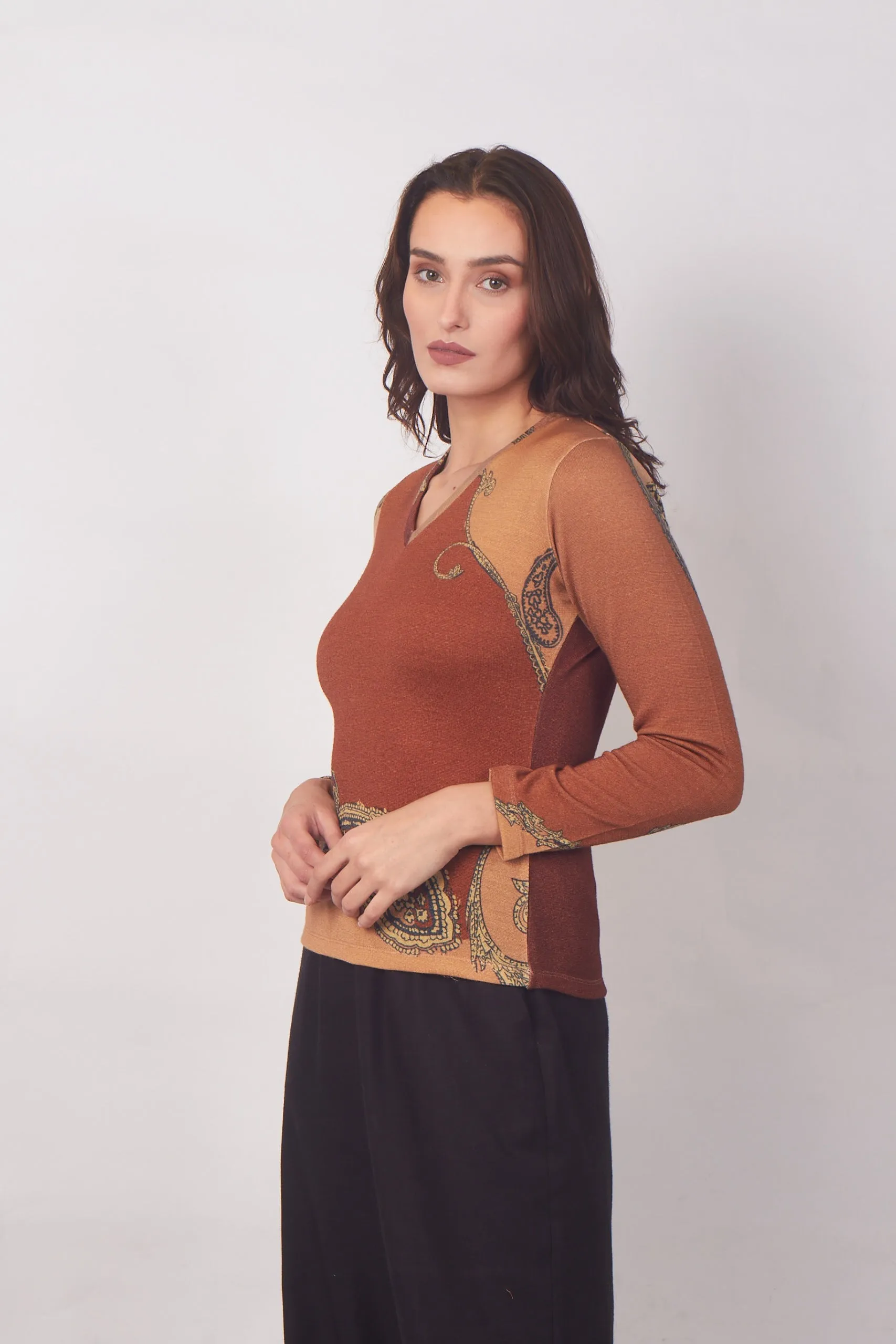 Brown Paisley V-Neck Top