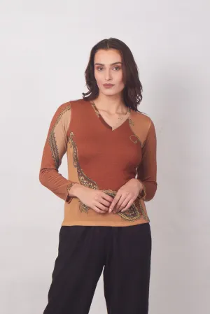 Brown Paisley V-Neck Top