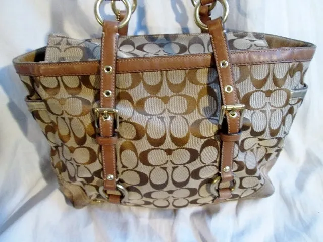 COACH Signature C Gallery Leather Jacquard Canvas Tote Purse Handbag 10384 BEIGE BROWN