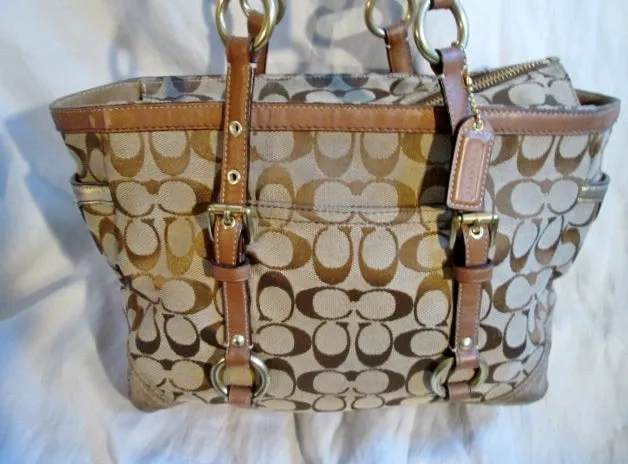 COACH Signature C Gallery Leather Jacquard Canvas Tote Purse Handbag 10384 BEIGE BROWN