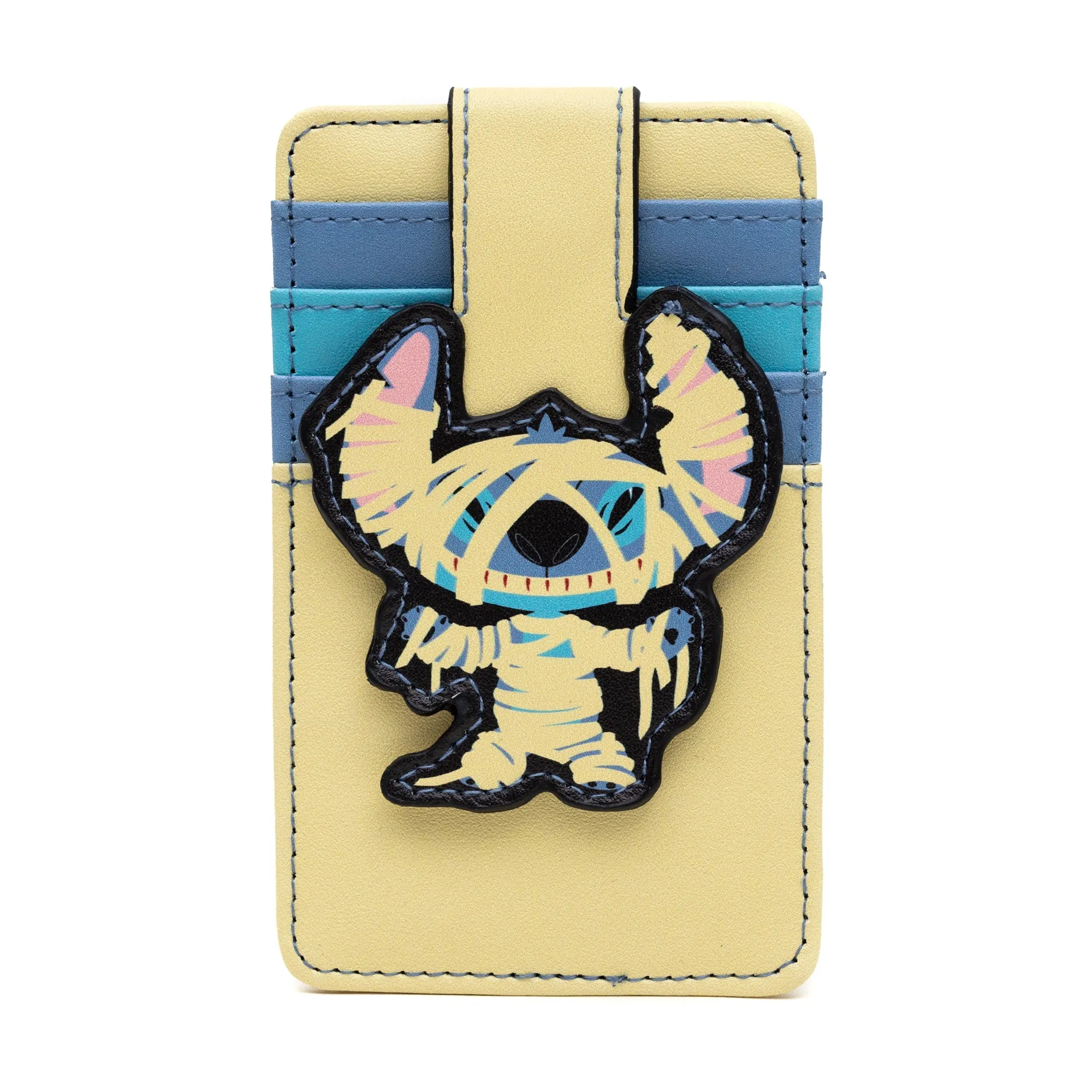 Disney Vegan Leather Wallet, ID Card Holder, Lilo and Stitch Halloween Mummy Stitch Tan Blues, 3.0" x 5.0"