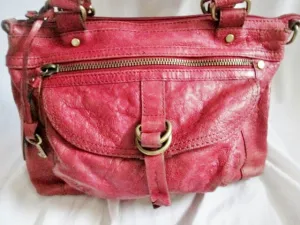 FOSSIL distressed leather satchel shoulder hobo saddle bag RED tote key