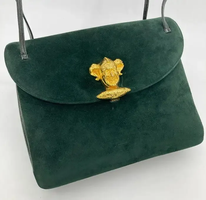 Judith Leiber Green Suede Gold Clown Shoulder Bag