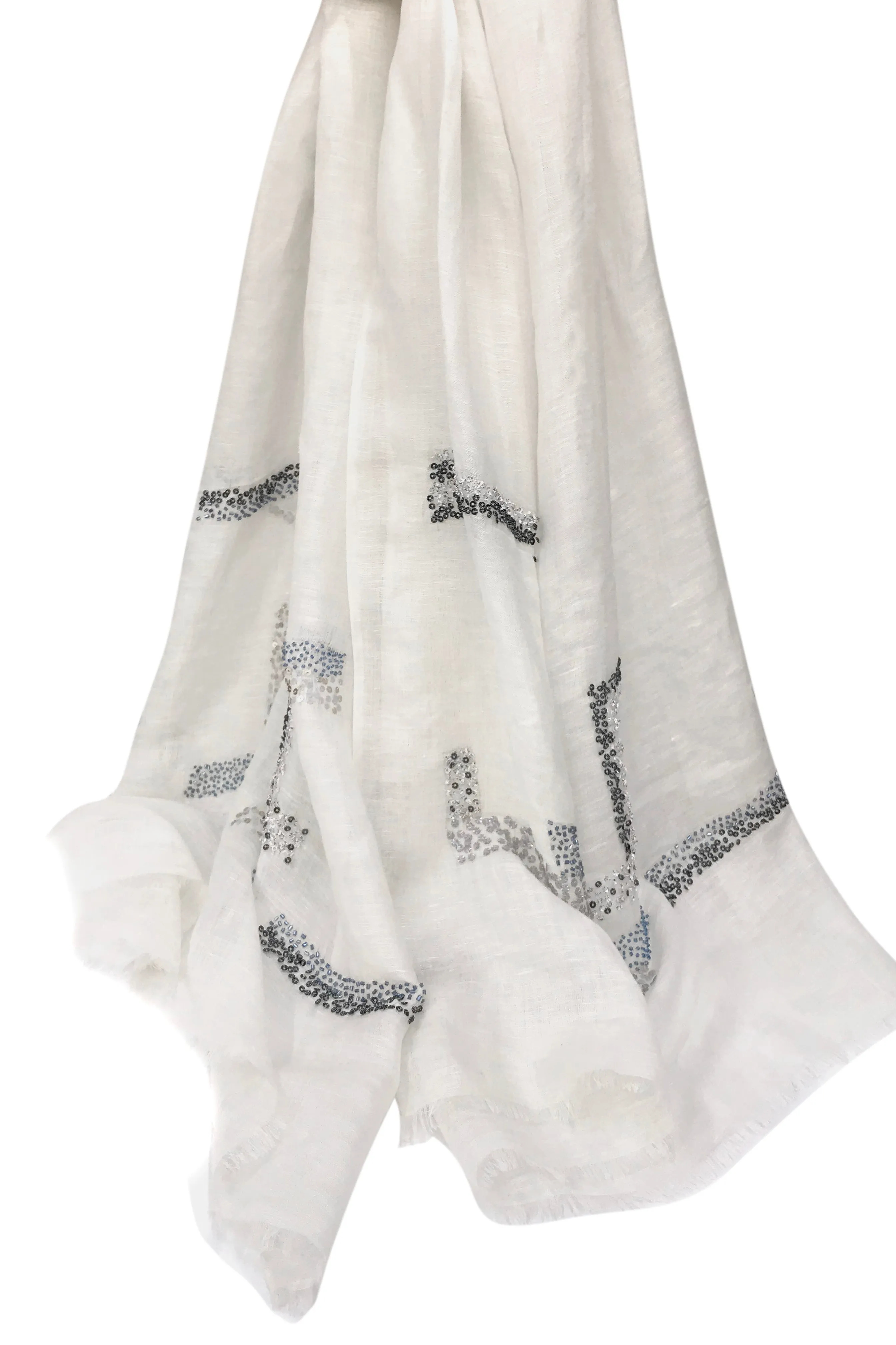 White Embroidered Silk Linen Cashmere Scarf